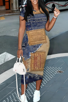 Khaki Casual Faux Denim Print Basic O Neck Short Sleeve Short Sleeve Dress
