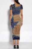 Deep Blue Casual Faux Denim Print Basic O Neck Short Sleeve Short Sleeve Dress