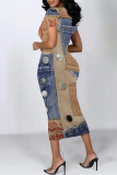 Blue Coffee Casual Street Faux Denim Print Contrast O Neck Printed Short Sleeve Dress