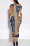 Blue Coffee Casual Street Faux Denim Print Contrast O Neck Printed Short Sleeve Dress