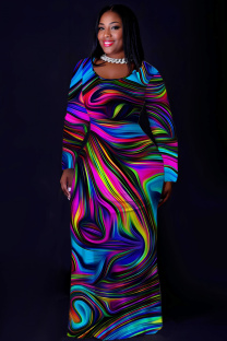 Multicolor Casual Print Basic O Neck Long Plus Size Dresses