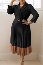 Black Casual Patchwork With Belt Contrast Turndown Collar Pleated Dresses