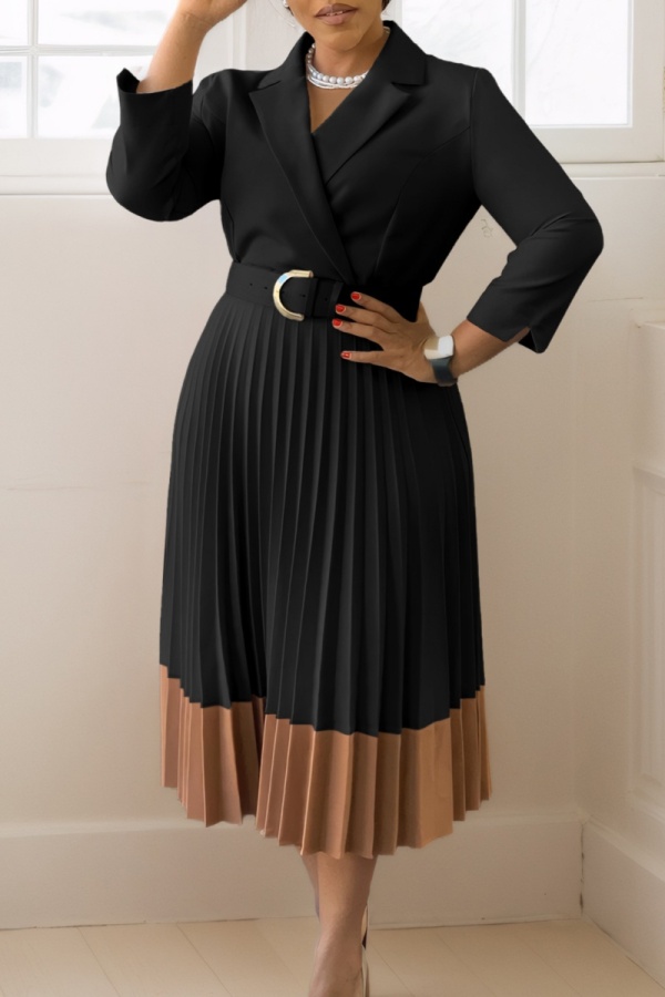 Black Casual Patchwork With Belt Contrast Turndown Collar Pleated Dresses