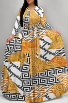 Yellow Elegant Geometric Print Flowers Lace Up Contrast O Neck Printed Dresses