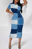 Deep Blue Casual Faux Denim Print Basic O Neck Short Sleeve Short Sleeve Dress