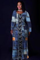 Blue Casual Faux Denim Print Basic O Neck Long Plus Size Dresses