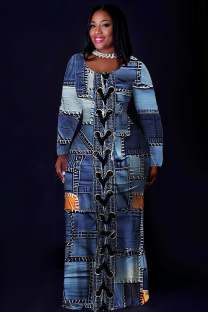Blue Casual Faux Denim Print Basic O Neck Long Plus Size Dresses