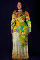 Green Casual Print Basic O Neck Long Plus Size Dresses