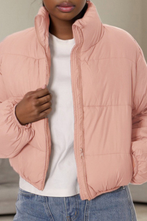Pink Casual Solid Color Pocket Patchwork Zipper Zipper Collar Outerwear