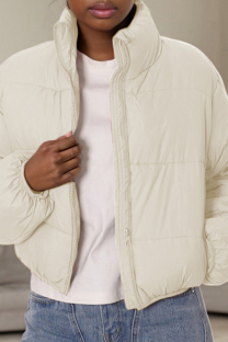 White Casual Solid Color Pocket Patchwork Zipper Zipper Collar Outerwear