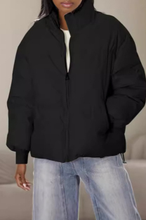 Black Casual Solid Color Pocket Patchwork Zipper Zipper Collar Outerwear