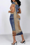 Blue Coffee Casual Street Faux Denim Print Contrast O Neck Printed Short Sleeve Dress