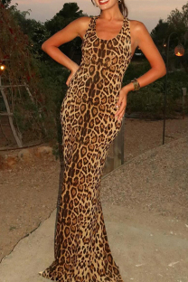 Leopard Print Elegant Leopard Print Patchwork Backless Halter Long Dresses