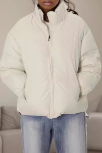 White Casual Solid Color Pocket Patchwork Zipper Zipper Collar Outerwear