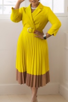 Yellow Casual Patchwork With Belt Contrast Turndown Collar Pleated Dresses