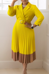 Yellow Casual Patchwork With Belt Contrast Turndown Collar Pleated Dresses