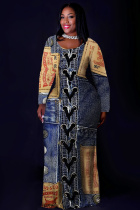 Deep Blue Casual Faux Denim Print Basic O Neck Long Plus Size Dresses