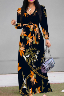 Black Casual Daily Geometric Print Lace Up Contrast V Neck Printed Dresses
