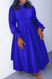 Blue Elegant Solid Color Patchwork Ruched O Neck A Line Plus Size Dresses