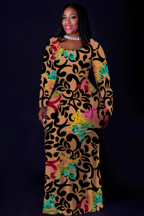 Brown Casual Print Basic O Neck Long Plus Size Dresses