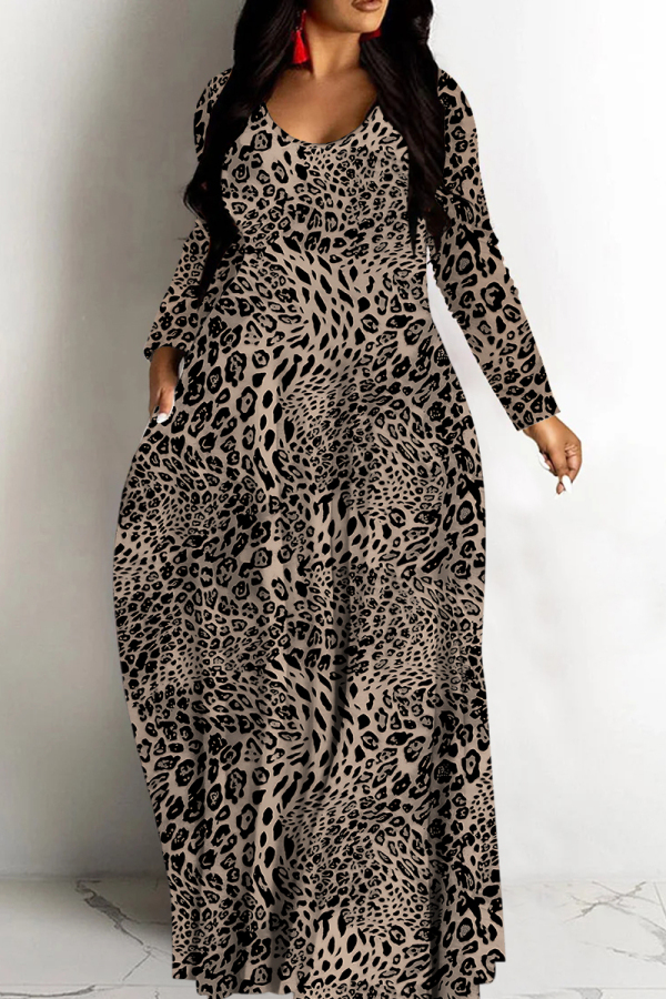 Brownness Casual Print Basic V Neck Long Dresses