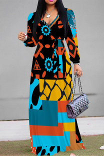 Blue Casual Daily Geometric Print Lace Up Contrast V Neck Printed Dresses