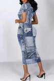 Blue Coffee Casual Street Faux Denim Print Contrast O Neck Printed Short Sleeve Dress