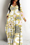 White Gold Casual Print Basic V Neck Long Dresses