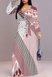 Black Gray Casual Daily Geometric Print Lace Up Contrast V Neck Printed Dresses