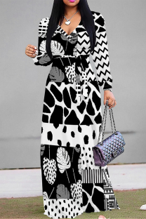 Black And White Casual Daily Geometric Print Lace Up Contrast V Neck Printed Dresses