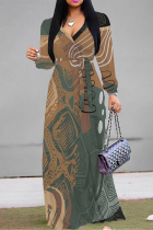 Camel Casual Daily Geometric Print Lace Up Contrast V Neck Printed Dresses