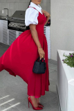 Red Elegant Solid Color Buttons Patchwork Shirt Collar Long Dresses