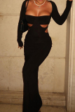 Black Elegant Solid Color Hollow Out Patchwork Square Neck One Step Skirt Dresses