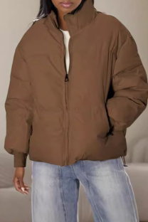 Coffee Casual Solid Color Pocket Patchwork Zipper Zipper Collar Outerwear
