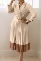 Apricot Casual Patchwork With Belt Contrast Turndown Collar Pleated Dresses
