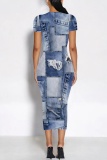 Deep Blue Casual Faux Denim Print Basic O Neck Short Sleeve Short Sleeve Dress