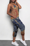 Blue Coffee Casual Street Faux Denim Print Pocket Contrast V Neck Jumpsuits