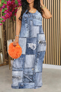 Baby Blue Sexy Faux Denim Print Contrast U Neck Printed Dresses