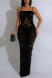Black Sexy Solid Color Hollow Out Patchwork Backless Slit Zipper Spaghetti Strap Sling Dresses