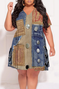 Multicolor Casual Faux Denim Print Contrast V Neck Printed Plus Size Dresses