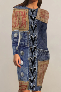 Dark Blue Casual Daily Faux Denim Print Contrast O Neck Printed Dresses