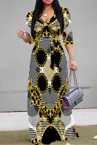 Dark Gray Casual Street Geometric Print Leopard Lace Up Contrast V Neck Printed Dresses