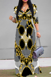 Dark Gray Casual Street Geometric Print Leopard Lace Up Contrast V Neck Printed Dresses