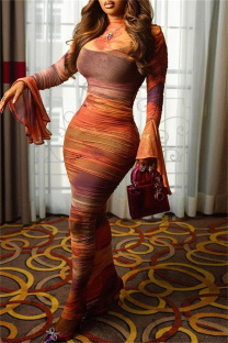 Orange Brown Sexy Print Ruched Mock Neck Long Dresses