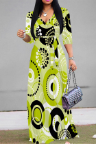 Fruit Green Casual Street Geometric Print Leopard Lace Up Contrast V Neck Printed Dresses