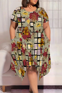 Khaki Casual Geometric Print Smiley Face Print Irregular Contrast O Neck Printed Plus Size Dresses