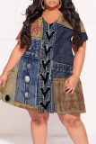 Dark Blue Casual Faux Denim Print Contrast V Neck Printed Plus Size Dresses