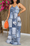 Baby Blue Sexy Faux Denim Print Contrast U Neck Printed Dresses