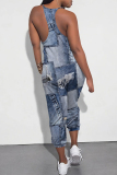 Blue Coffee Casual Street Faux Denim Print Pocket Contrast V Neck Jumpsuits
