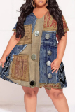 Dark Blue Casual Faux Denim Print Contrast V Neck Printed Plus Size Dresses